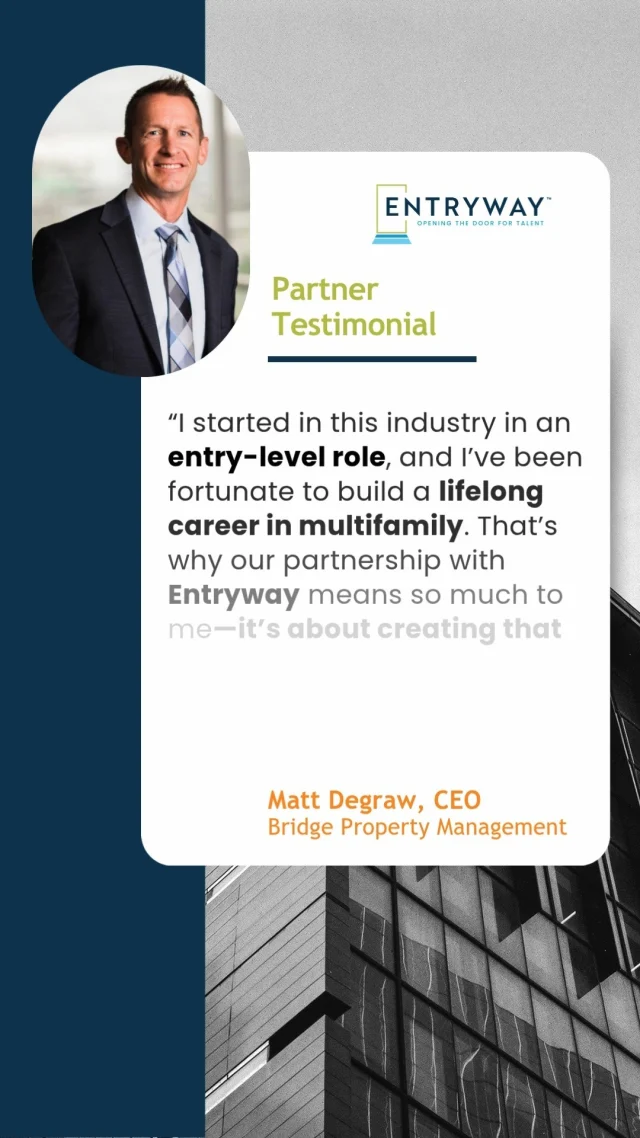 At @BridgePropertyManagement, opportunity is more than a word—it’s a commitment.

Their CEO, Matt Degraw, shares why partnering with Entryway is so meaningful:
“I started in this industry in an entry-level role, and I’ve been fortunate to build a lifelong career in multifamily. That’s why our partnership with Entryway means so much to me—it’s about creating that same opportunity for others. Everyone deserves a second chance to rebuild and move forward. The individuals we’ve hired through Entryway have brought incredible drive and determination. Individuals including Marc, Brian and Anthony who are still with Bridge today, growing in their roles and proving just how far someone can go when given the opportunity.”

We’re proud to work alongside industry leaders like Bridge who are helping individuals and families experiencing homelessness achieve lasting stability through housing and careers.

Thanks to all of our hiring partners: https://entrywaytalent.org/program-partners/

#RPMCareers #WorkforceDevelopment #Multifamily #CommunityImpact