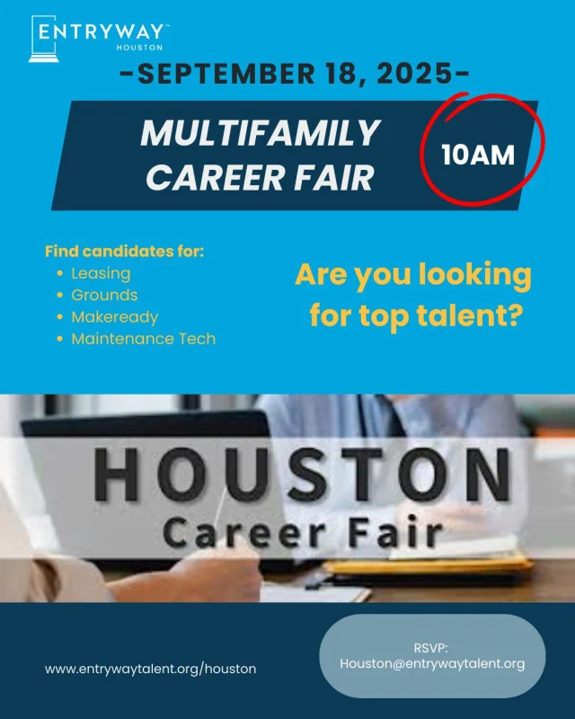 Calling all Houston multifamily hiring managers and recruiters! 

Are you looking for entry-level talent in:
🔹 Leasing
🔹 Maintenance
🔹 Makeready
🔹 Grounds/Porter

Join @EntrywayHouston on Thursday, September 18 at 10:00 AM for an exclusive talent connection event.
📩 RSVP: Houston@entrywaytalent.org
📍 Location & details will be shared upon RSVP
💻 Virtual options available!

Don’t miss this chance to meet motivated candidates ready to start their careers in multifamily housing. 

#Multifamily #Maintenance #Leasing #Houston
