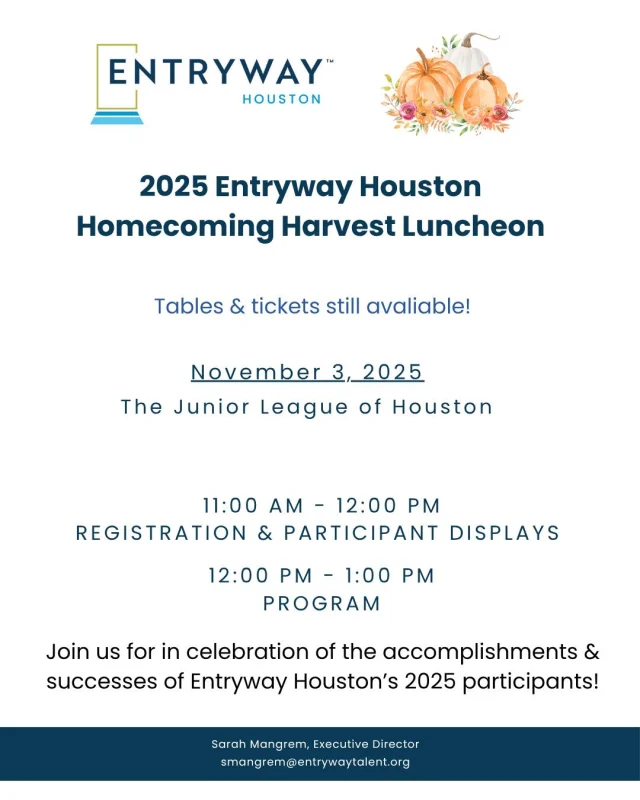 Join us for the @EntrywayHouston Luncheon!

This annual fundraiser celebrates the incredible success stories of our participants and the vital partnerships that make their journeys possible. Together, we’re building pathways to stable careers and housing across Houston. 💙

📅 Monday, November 3 (click EVENTS link in bio)
✨ Celebrate. Connect. Make an impact.

#HoustonEvents #MultifamilyImpact #WorkforceDevelopment #HousingStability