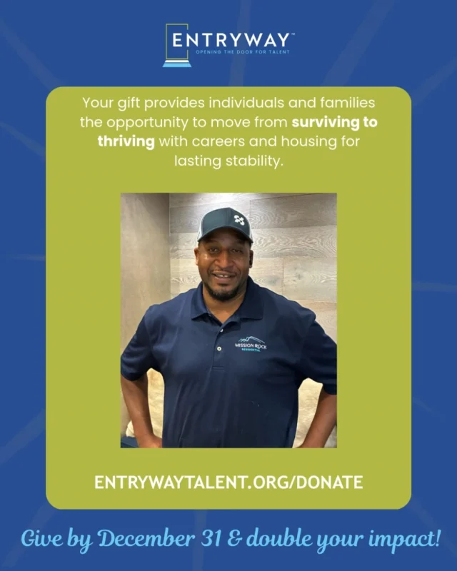 Jacoby has found stability and a brighter future for his family with the help of Entryway supporters! 

Give today and 💙💙 DOUBLE your impact. entrywaytalent.org/donate 

⏱️ Now through December 31, every donation to Entryway is MATCHED dollar for dollar (up to $25,000)!

Your gift will support the Entryway location you designate, while matching funds strengthen our national operations—helping families across all Entryway markets move from surviving to thriving.

#Donate #DoubleYourImpact #FromSurvivingToThriving #EntrywayImpact