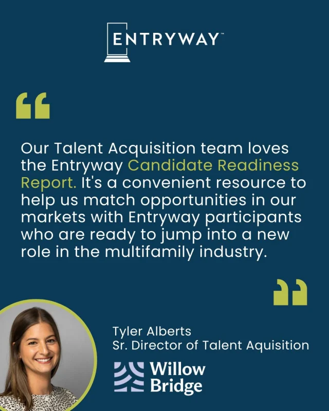Distributed every two weeks, Entryway’s Candidate Readiness Report includes #leasing and #maintenance candidates trained and ready to start work. Each resume comes with a readiness profile for quick and easy review. 

Reach out to National Partnerships Manager, Emily Garner, to learn how your T&A team can start receiving this resource! 

#MultifamilyHiring #PropertyManagement