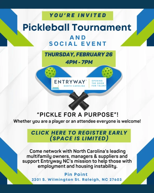 🏓Get Your Paddle Ready, North Carolina! 

Join @EntrywayNC for a fun-filled day of pickleball, community, and purpose! Whether you’re a seasoned player or just love good company, this event is the perfect way to connect, compete, and make an impact. 

📅 Date: Thursday, February 26
📍 Location: PinPoint, Raleigh, NC

Join the amazing #multifamily supporters already signed on and help advance our mission helping individuals find stability through employment, training, and housing opportunities This isn’t just a game, it’s a chance to make a difference. 💛

Sign up today and help smash goals on and off the court! 
entrywaytalent.org/events for more info or use Events Link in Bio

#PickleballForGood #RaleighFundraiser