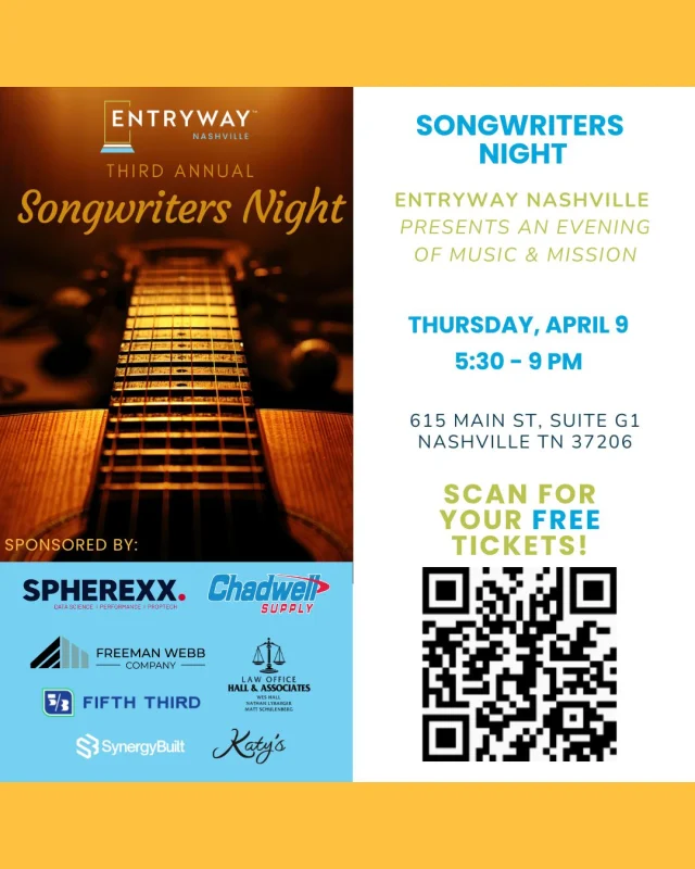 Join us Thursday, April 9, for an unforgettable night at the #EntrywayNashville Songwriters event!
✨ Live music
✨ Intimate songwriter performances
✨ A powerful mission in action

Every ticket helps open doors to employment, housing, and a fresh start for individuals and families ready for a new chapter.

Don’t miss this one-of-a-kind evening where music meets purpose.

🎟️ Grab your free tickets + support the mission: 
entrywaytalent.org/events -or- events link in bio 

#LiveMusicForGood #NashvilleSongwriters #EntrywayImpact #MusicWithPurpose