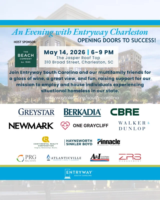 Join @EntrywaySC for an evening of connection and impact 🌟

An Evening with Entryway Charleston brings together industry leaders, partners, and supporters for a night of networking and purpose. Enjoy meaningful conversations, celebrate local impact, and learn how you can be part of creating pathways to opportunity in the Charleston community.

Don’t miss it, 📅Thursday, May 14. Purchase your sponsorship or ticket soon! 
Events link in Bio

#Multifamily #CharlestonEvents #WorkforceDevelopment #EntrywayImpact #NetworkingForGood