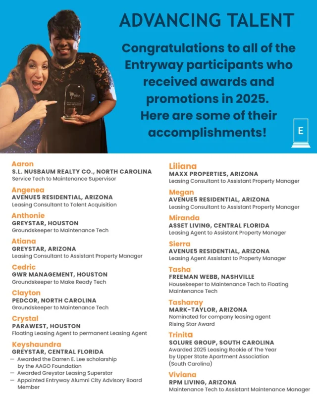 Advancing talent is at the heart of our mission, and there’s no better time to celebrate it than during #RPMCareersWeek!

In our recently released 2025 Annual Report, we highlight individuals who came to Entryway facing housing instability and are now earning promotions, receiving awards, and stepping into leadership roles across the multifamily industry.

These milestones represent more than career growth, they reflect stability, confidence, and progress toward long-term self-sufficiency.

When employers, donors, and partners invest in opportunity, lives change.

Explore the full 2025 Annual Report: https://entrywaytalent.org/annual-report/

#MultifamilyCareers #TalentDevelopment #WorkforceDevelopment #CareerGrowth
