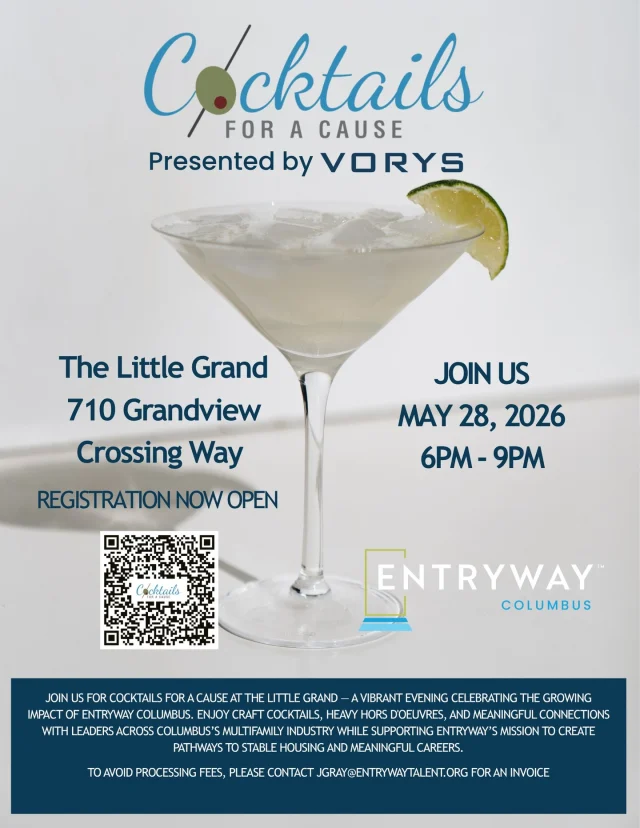 Join @EntrywayColumbus at Cocktails for a Cause on Thursday, May 28!

It’s an evening bringing together #multifamily partners, community leaders, and supporters who believe in expanding career pathways and increasing access to stable housing. 

Tickets are still available! 🍸
Use events link in bio

Presented by Vorys and hosted by @ThriveCompanies at @TheLittleGrandMarket, this event will support Entryway’s mission of connecting individuals and families facing housing instability with career opportunities and long-term stability.

We’d love to see you there! Bring a colleague, friend, or partner and join us for a meaningful evening in Columbus.

#CocktailsForACause #HousingStability #WorkforceDevelopment #CommunityImpact #ColumbusEvents