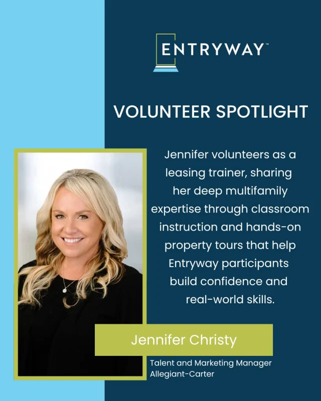 🌟 Two celebrations, one powerful impact: #NationalVolunteerWeek meets #RPMCareersWeek.

We’re proud to spotlight Jennifer Christy for investing her time and talent with @EntrywayCFL. Since August 2025, Jennifer has volunteered as a leasing trainer, sharing her deep multifamily expertise through classroom instruction and hands-on property tours that help participants build confidence and real-world skills.

With 20 years of industry experience, Jennifer is helping open doors to #multifamilycareers and brighter futures. Thank you, Jennifer, for making a lasting impact! 💗

👉 And she’s not the only one . . . If you are also volunteering and providing valuable career support to our participants, please comment below. We want to thank you too!

#VolunteerSpotlight #ThankYouVolunteers #CareerTraining