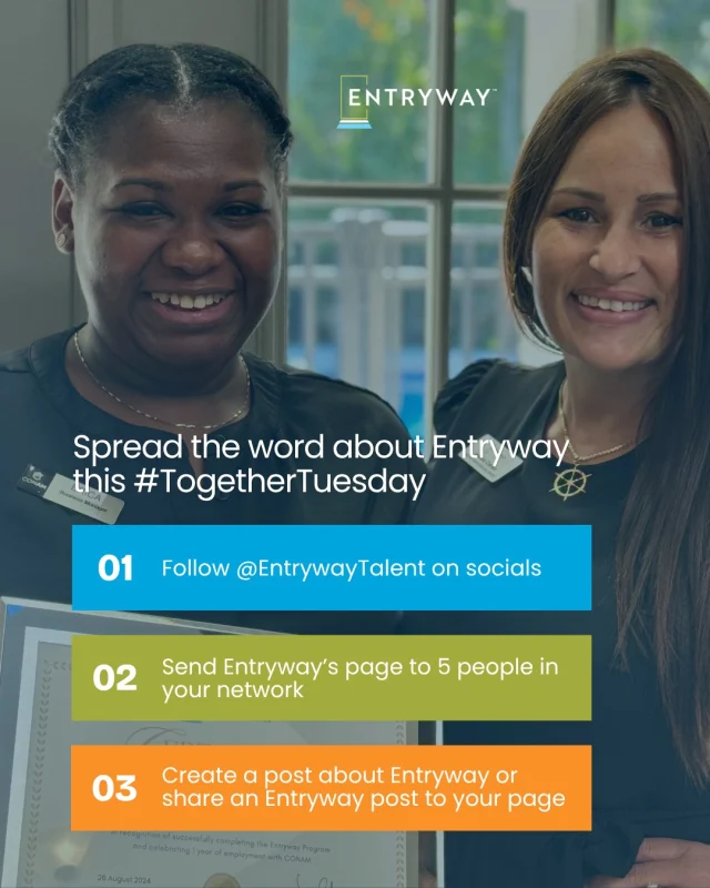 #TogetherTuesday is all about the power of small actions to support a community.

We’re asking you to help us grow our community today by spreading the word about Entryway. You can help us reach more people.

👉🏽 Follow @EntrywayTalent on LinkedIn, Facebook, Instagram, and Youtube. Share our story and invite others to join our journey. Let’s build new connections and open more doors for our participants.

If you are new to Entryway, we thank you for your engagement and hope you’ll find out how you can get engaged! 

Learn more about us here: https://entrywaytalent.org/

#EntrywayImpact