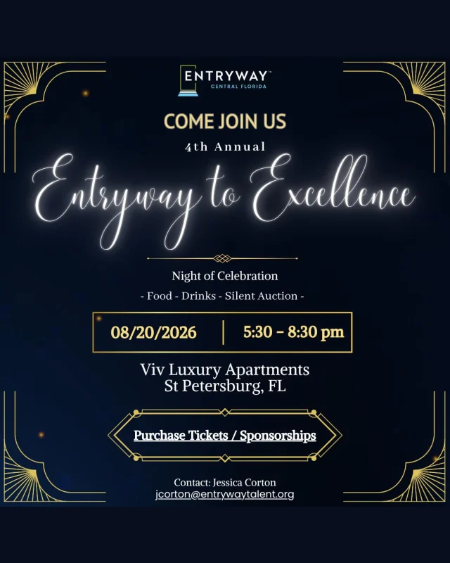 📣 Tampa Bay multifamily leaders, we’re coming your way!

@EntrywayCFL's Entryway to Excellence is coming to Tampa Bay, bringing together multifamily leaders, industry partners, and community champions to celebrate the people whose determination has led to careers, stable housing, and brighter futures.

Join us for an evening of meaningful connections, inspiring success stories, great food and drinks, a wine-and-spirits pull, and a silent auction, all while supporting opportunities that strengthen both our workforce and our community.

📅 Thursday, August 20
⏰ 5:30–8:30 PM
📍 Viv Luxury Apartments, 1000 1st Ave N, St. Petersburg, FL

Sponsorships and tickets are still available, but they’re going fast! Don’t miss your opportunity to join us and be part of this exciting Tampa Bay event. 
➡️ Look at the Events link in our bio to sign up today! 

Tampa Bay’s multifamily industry has a powerful role to play in creating pathways to opportunity. Come connect, celebrate, and help us open more doors together. 💙

#Multifamily #CelebrateImpact #TampaBayEvents