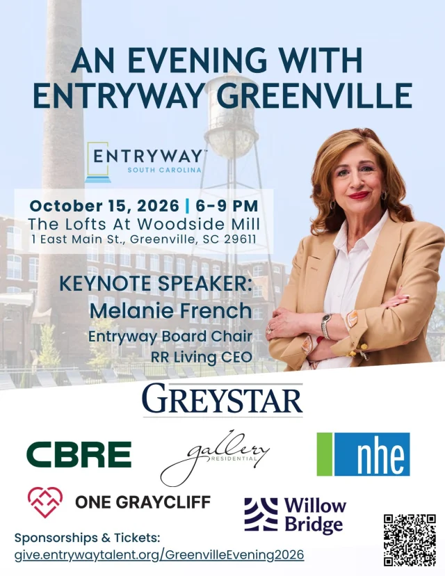 📢 Greenville, this is an evening you won’t want to miss!

Join @EntrywaySC for An Evening with Entryway Greenville on October 15 and hear from Melanie French, CEO of @RRLivingHQ and Entryway’s National Board Chair, who will be our keynote speaker.

Come connect with Greenville’s multifamily and community leaders, learn more about Entryway’s work, and discover how you can help create pathways to stability for South Carolina families. 

📅 Thursday, October 15 | 6–9 PM
📍 The Lofts at Woodside Mill | Greenville, SC

👉 Learn more and reserve today – space is limited! 
Look for EVENTS link in bio or go to entrywaytalent.org/events
 
#EntrywayImpact #GreenvilleSC #Multifamily #HousingStability #NetworkingEvent