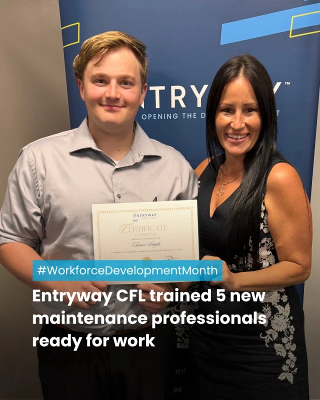 Another successful Entryway in-person training wrapped in September. 
One participant has even been hired! 👏🏼 

The @EntrywayCFL team hosted an intensive training in Tampa for aspiring maintenance technicians. Five participants graduated from the three-week Maintenance Training Program, which included industry-led technical instruction, professional development, certification opportunities, and onsite exposure to multifamily maintenance operations. Each graduate also received a toolkit from @ChadwellSupply stocked with @Klein_Tools.

A big thank you to the following instructors for sharing their expertise with our trainees:
• Jason Fatout with @HarryWarrenInc. 
• Rob West with @TDBank_US 
• Mark Sharp with @MaintenanceAcademy 
• Tory Denham from Denham's Plumbing & Drain Services

Thank you to Allegiant-Carter Management for opening your doors to our participants and for taking part in our hiring event, along with @WillowBridgePC and @LiveRangeWater.

#WorkforceDevelopment #WorkforceDevelopmentMonth #MaintenanceTechnician